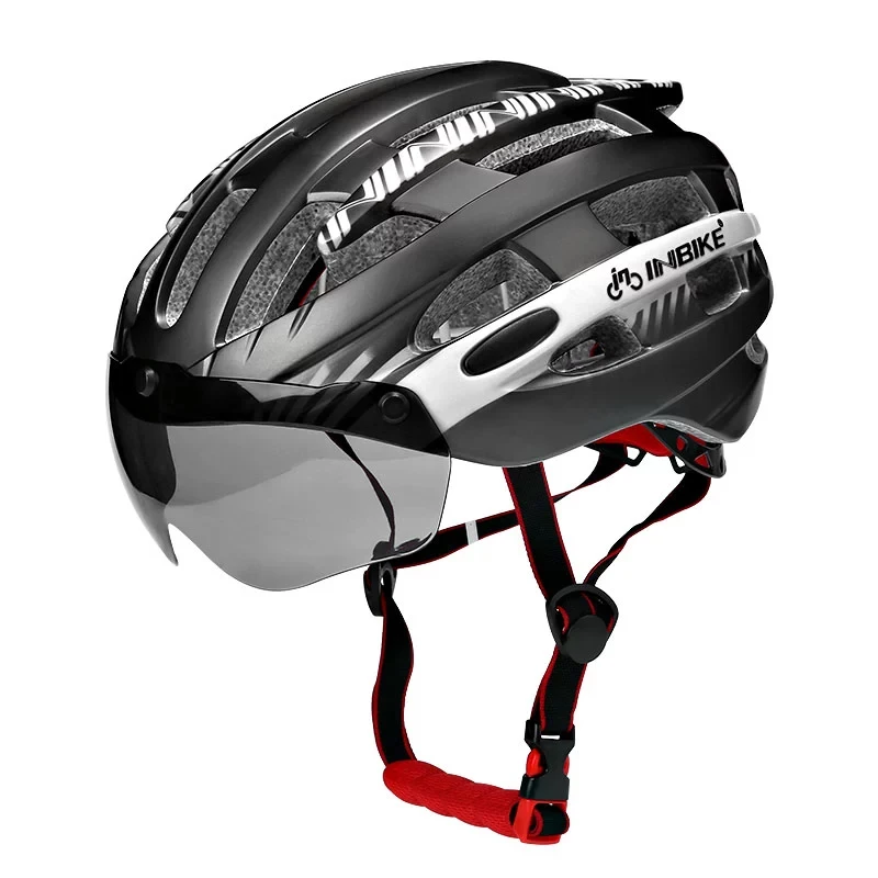 

INBIKE Cycling Helmet with Glasses Ultralight MTB Bike Helmet Men Women Mountain Road Sport Specialiced Bicycle Helmets, Black and red, black and blue, black and silver, white
