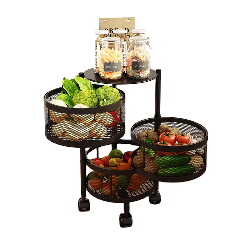 

Kitchen Rotating Shelf 360 Degree Baskets Fruit Vegetable Storage Rack Floor Round Household Multi-function Shelf With Wheels
