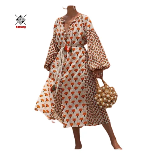 

Hot Selling Plus Size Midi Ball Grown Puff Sleeve Bohemian Print Dresses For Women