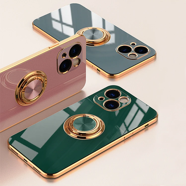 

Luxury Plating TPU Silicone Phone Cover Case For iPhone 13 Pro Max 12 Case Lens Protection Magnetic Ring Holder Stand Case