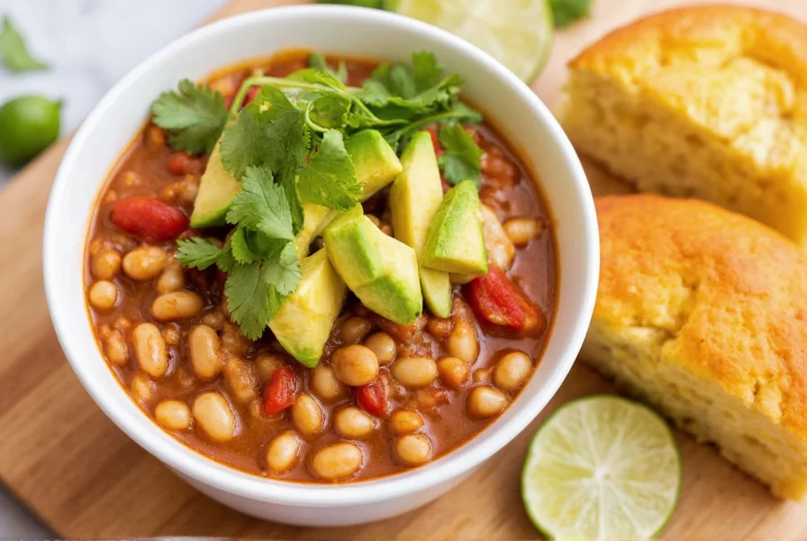 Chicken chili with white beans served in bowl with cornbread on side, topped with avocado and cilantro