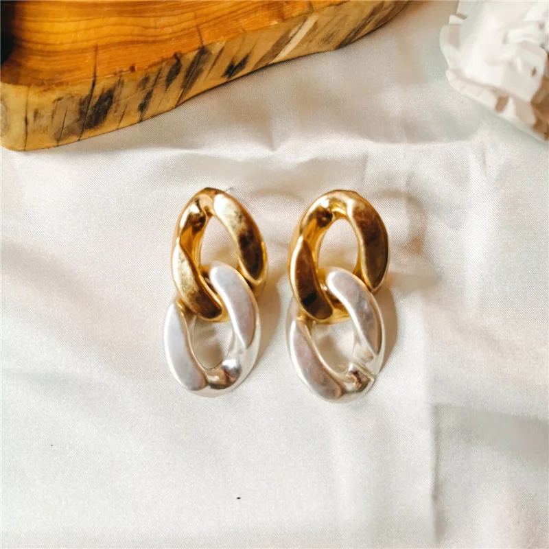 

New Fashion S925 Geometric Link Chain Drop Earrings Mix Gold Silver Circle Chain Earring For Girls, Picture shows