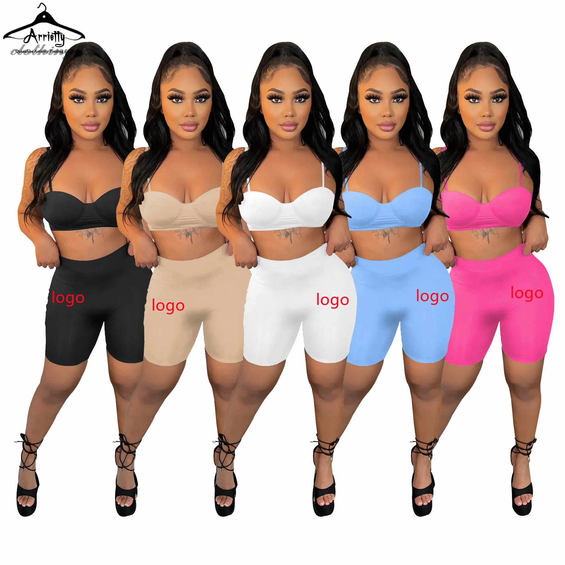 

2022 Fashionable Solid color sexy women sleeveless spaghetti strap Crop Top shorts two piece outfits set