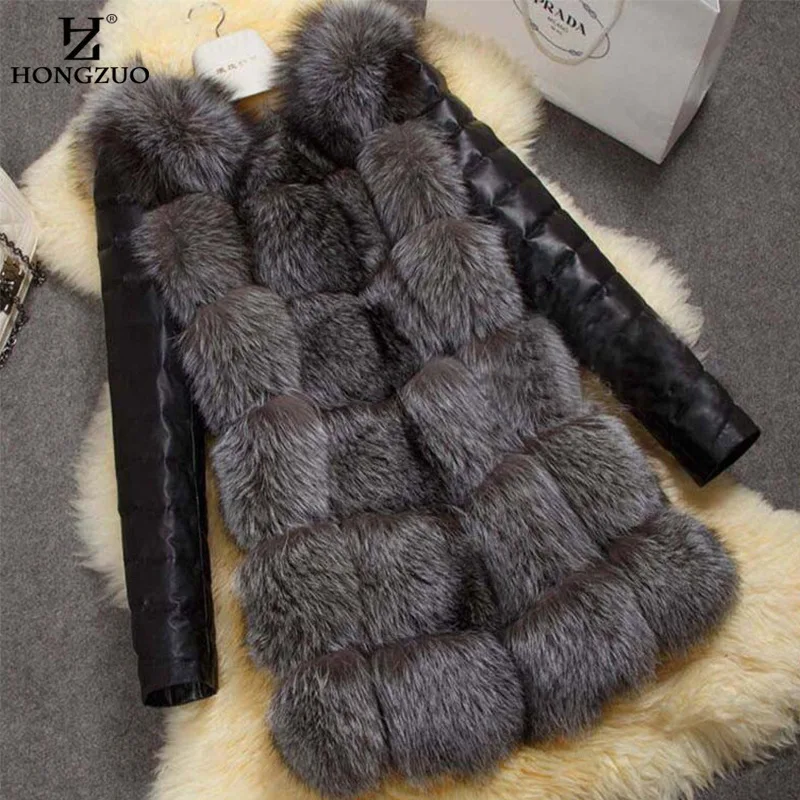 Big Size Winter Coat Women Thick Faux Fox Fur Coat with PU sleeve Female False Fur Jacket