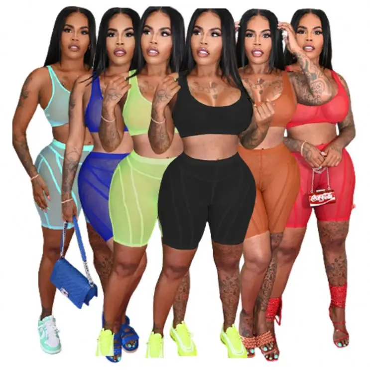 

2021 2021 Summer Sexy Mesh Solid Color Crop Tank Top And Pants Set Ladies Sports Fitness Suit Two Piece Set Shorts For Women