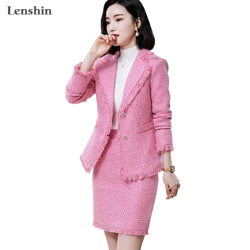 

Wholesale 2 Pieces High Quality Set Fashion Women Pink blazer skirt suits Office Lady Elegant Soft and comfortable Jacket skirt, Blue, white, pink