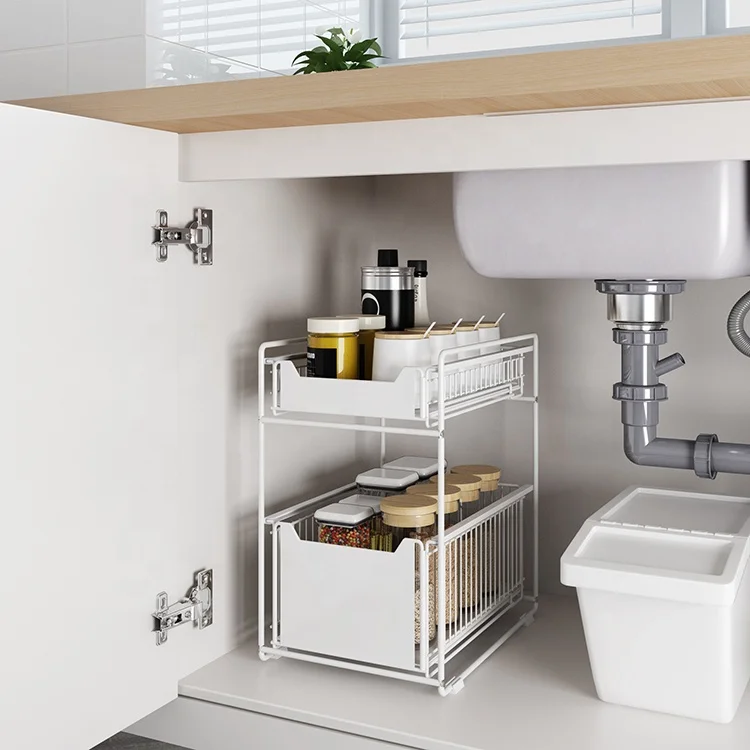 

Metallic White Home organizer storage basket Drawer stretch cabinet expandable under the sink rack