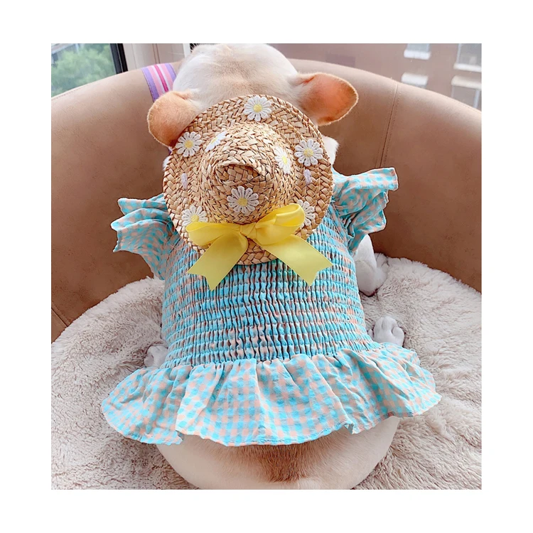 

INS Hot Selling Pet Clothes Korean Thin Printed Short Fat Dog Dress Pleated French Bulldog Pet Clothes