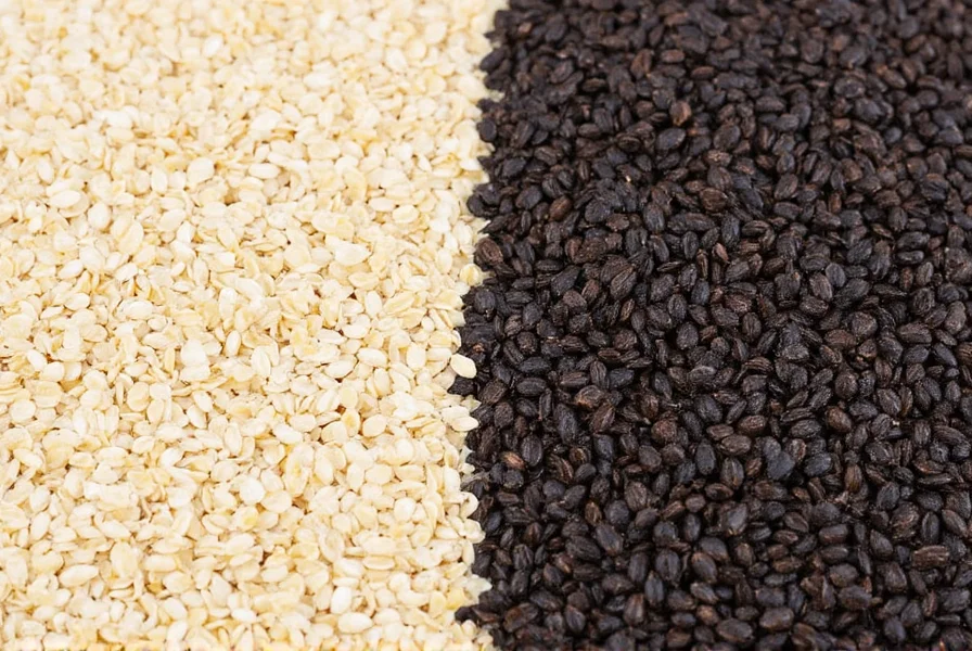 Toasted white and black sesame seeds on a wooden board