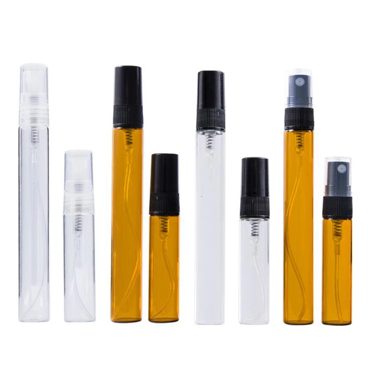 

Small empty atomizer 2ml 2.5ml 3ml 5ml 10ml tall and thin round shape amber clear glass perfume spray bottle