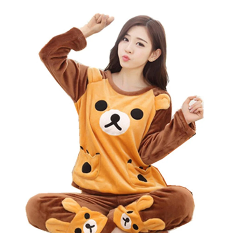 

Women's Flannel Pajamas Autumn/Winter Pajamas Set Women Long Sleeve Sleepwear Suit Warm CuteTops+Pants Sleep Home