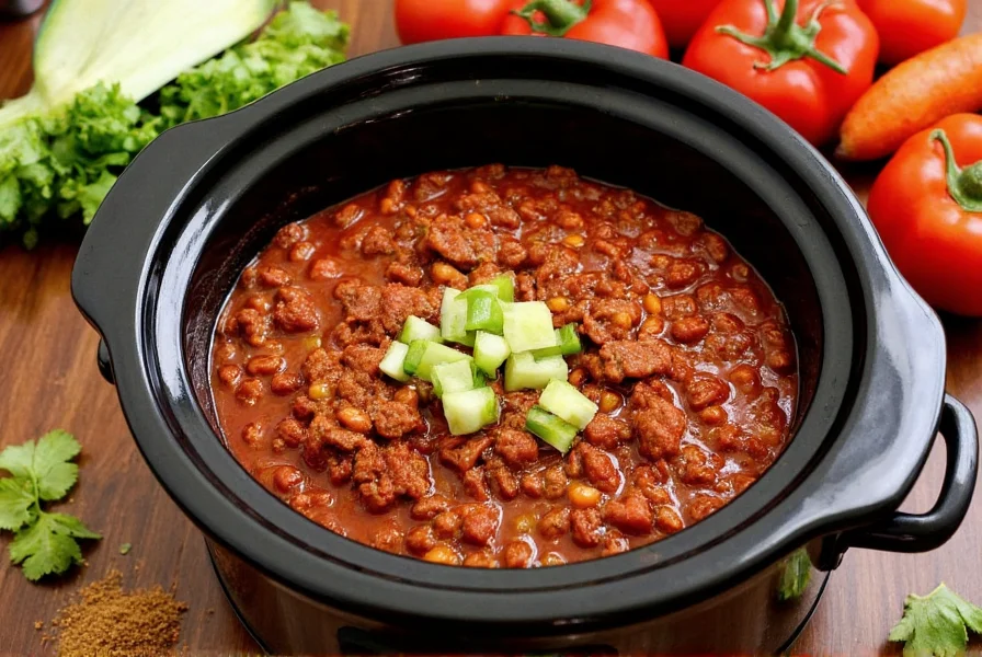 Slow cooker filled with rich red meatless chili surrounded by fresh vegetables and spices