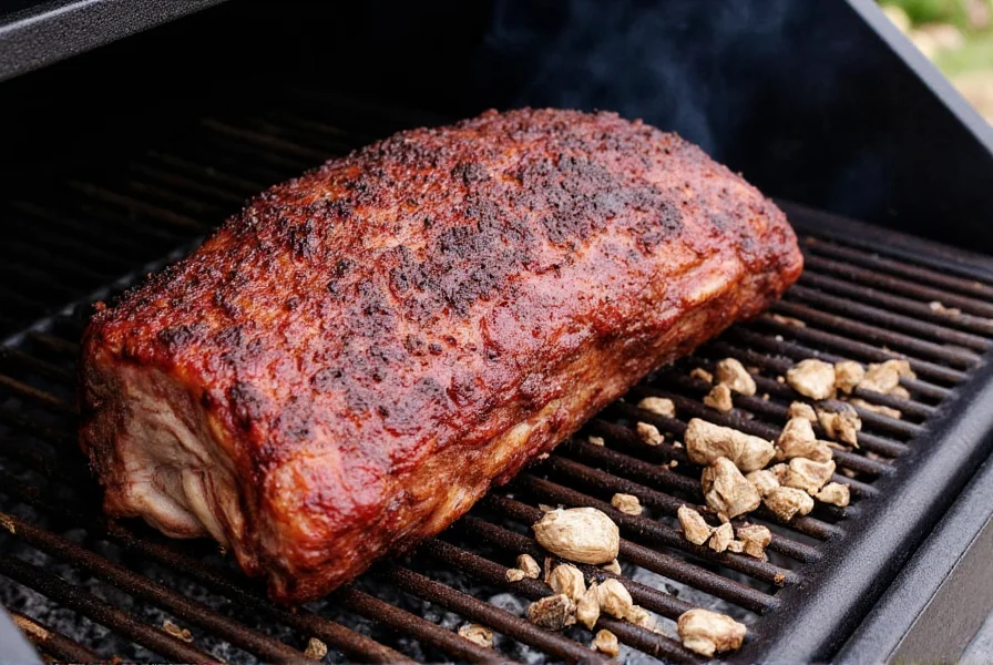 Whole packer brisket smoking in offset smoker with oak wood chunks at 225 degrees Fahrenheit