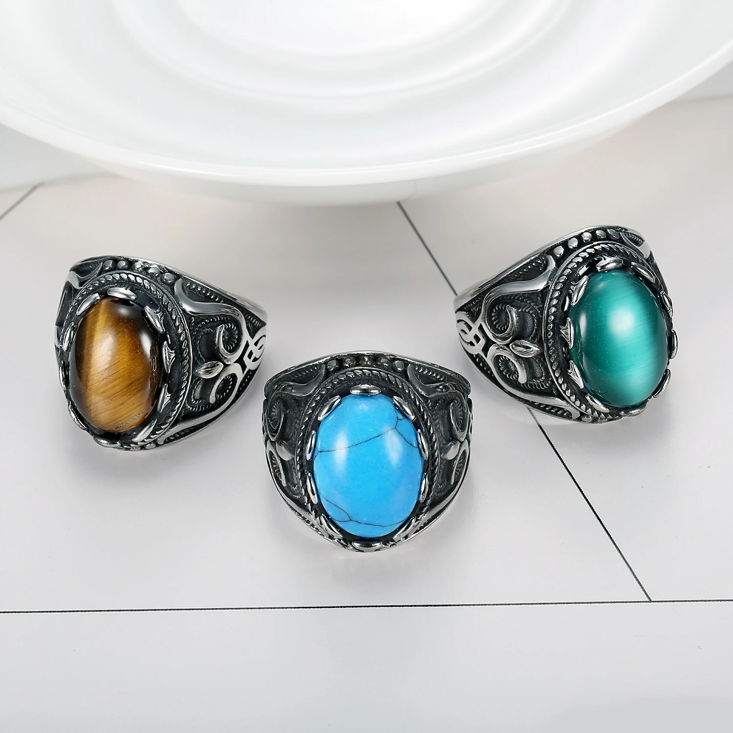 

2021 new fashion rock roll biker style stainless steel vintage colorful stone men ring with natural stone, Silver