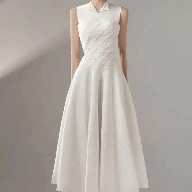 

Bettergirl 2023 Women's Temperament White Dress Vietnamese Designer New Large Swing Small Lapel Dress Sleeveless Dress