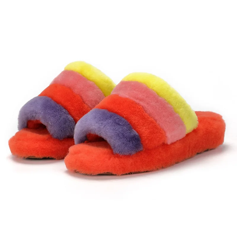 

Fuzzy sandal custom slippers with fur insides plush slippers women double strap fur slides with heels