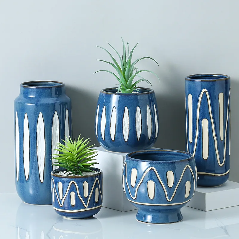 

Wholesale Large Middle Samll Size Blue Ceramic Decorative Bottles Vase for Home Decor, Main blue