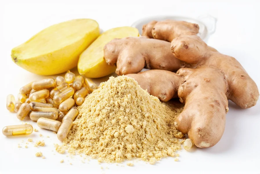 Various forms of ginger products including fresh root, powder, capsules, and tea
