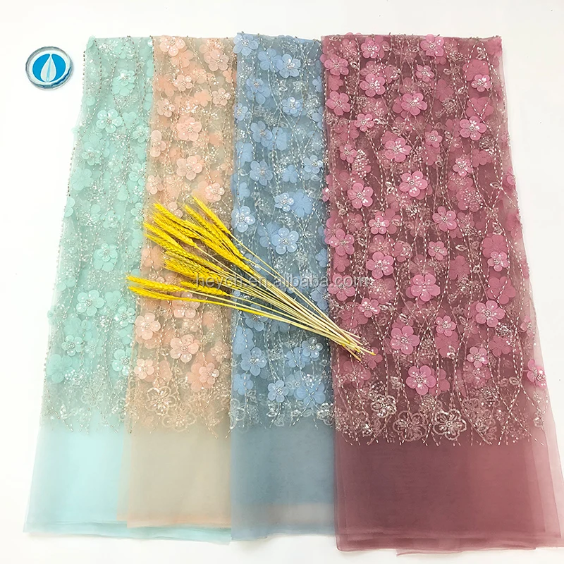 

Best Supplier Multi Colour 3D Lace Applique Bridal Embroidered Tulle With Pearl Luxury Wedding Beaded Lace Fabric, 4 colors or customized