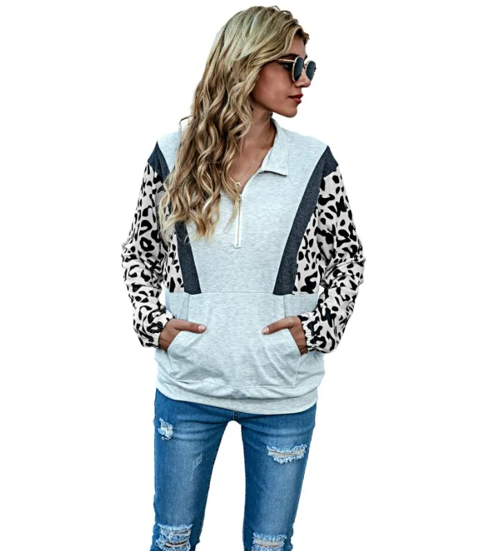 

Fashionable Wholesale Womens Fall Paneled Leopard Print Half-zip Stand-collar Stitching Pullover Sweatshirt, Picture showed