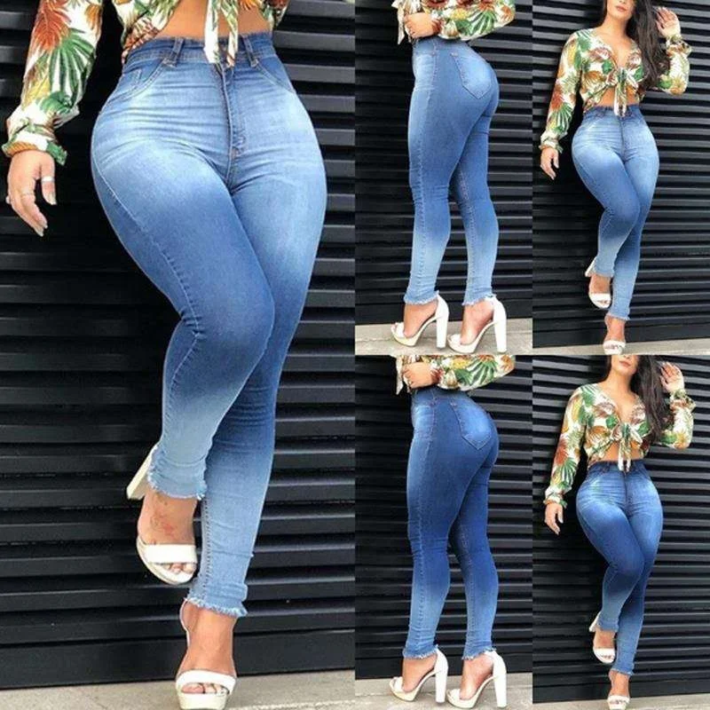 

Stretch Slim Denim Jeans Hip Lifting Skinny Shaping Plus Size Women Denim Stacked Jeans, Dark blue ,light blue