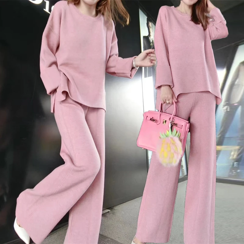 

Wholesale price high quality korean women two pieces set fashion casual knit long sleeve top coat and new design trousers, Black,white