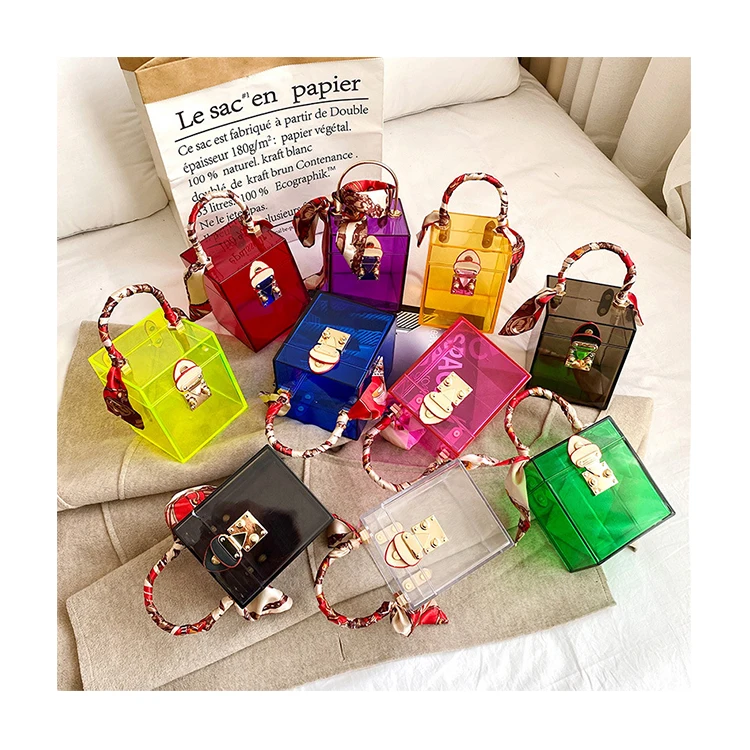 

Jelly Evening Handbags PVC Fashion Clear Clutch New Silk Scarf Portable Transparent Hand Bags Metal Handle Mini Square Box Bags