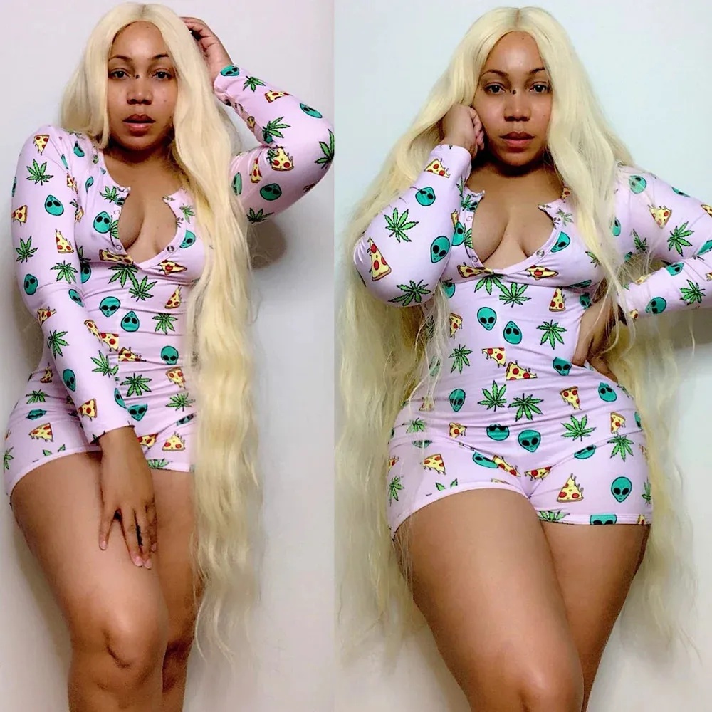 

2020 Wholesale romper pajamas custom sleep wear weed onesie sexy adult sexy one piece bodycon onesie for women