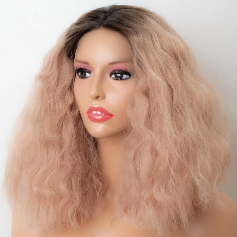 

Aliblisswig United States Warehouse Stock Wig Overnight Delivery Ombre Pink Curly Heat OK Fiber Hair Synthetic Lace Front Wig