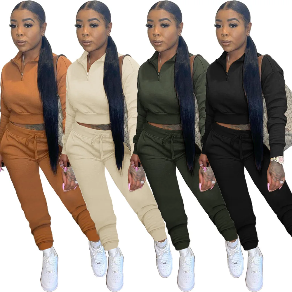 

Casual Fall Solid Long Sleeve Sport Wear Turn Down Collar Zipper Women Sweatsuit Set Tracksuit Clothes Women Two Piece Set, Picture color
