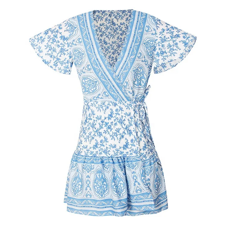 

Hot-Selling Women V-neck Bohemian Floral Print Ruffled A-line Beach Mini Dress, Picture color