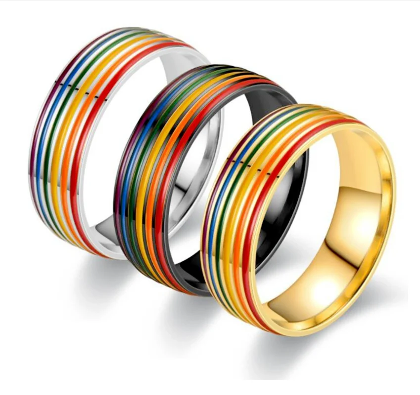 

Rainbow Enamel Gay Lesbian Wedding Engagement Promise Band LGBT Pride Ring Stainless Steel Ring, As pictures