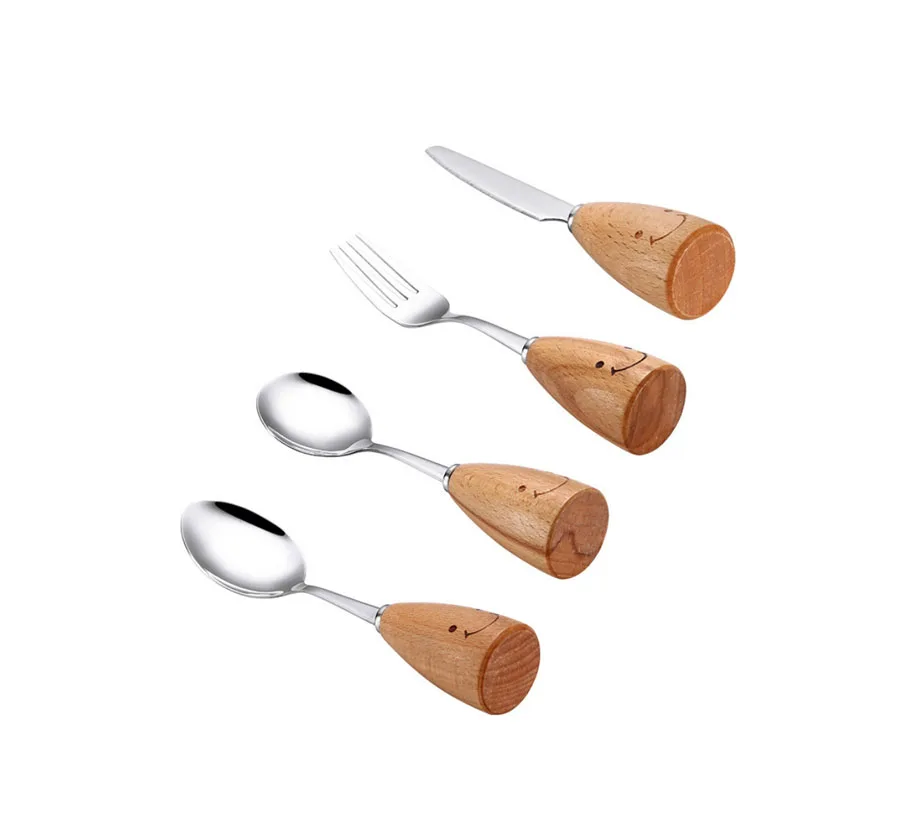 

New Design Smiling Face Wooden Handle 4PCS Tableware Set Stainless Steel Knife Fork Spoon Cutlery Set, Gold