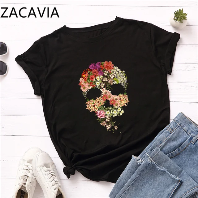 

Zacavia Summer Fashion T-shirt Loose Round Neck Short-sleeved Cotton T Shirt Women's Top Free Shipping, Picture showed