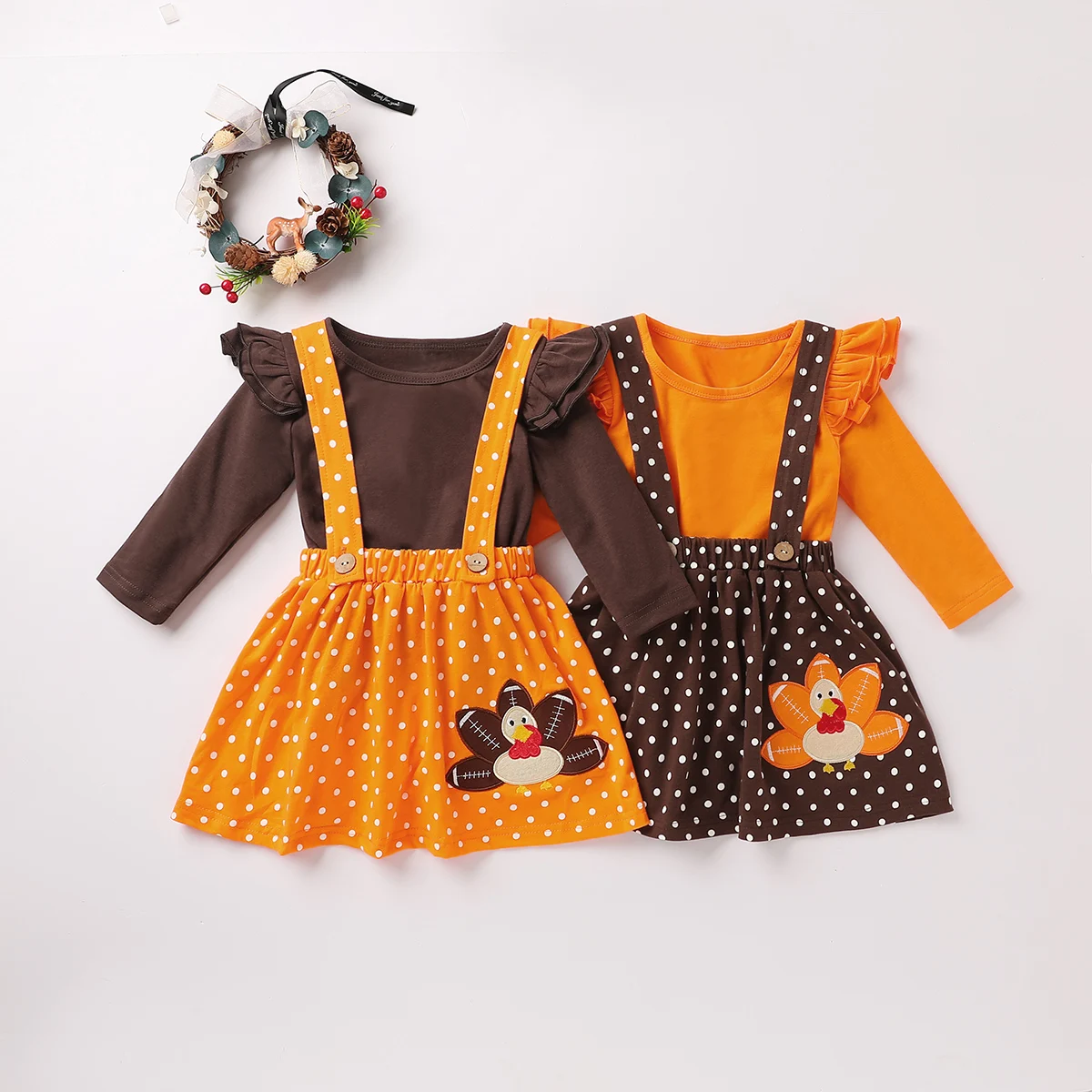 

Wholesale Toddler Kids Long Sleeve Pullover T Shirts Tops Turkey Polka Dot Girls Clothes Sets Thanksgiving Day Dress Outfits, Photo showed and customized color