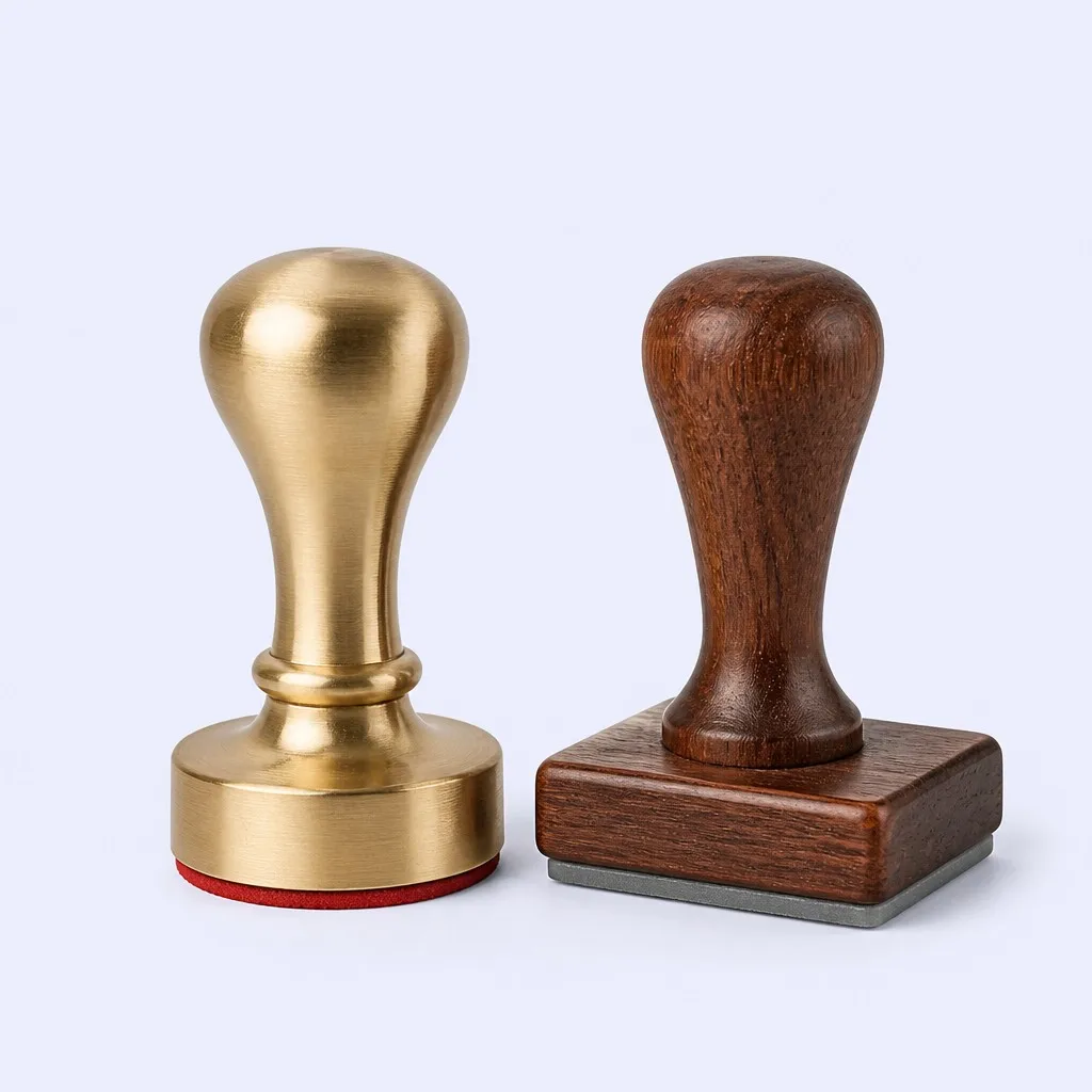Round brass stamp and rectangular walnut stamp side by side