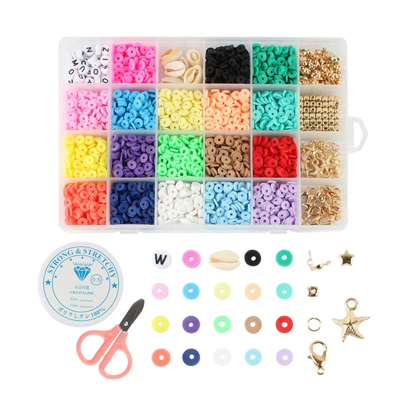 

Jewelry Making Bracelets Necklace Earring DIY Craft Kit Pendant And Jump 24 Grids Flat Round Polymer Clay Beads Heishi Beads, Colorful