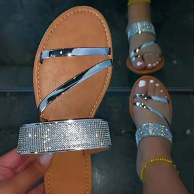 

2021 summer new style women fashionable diamond slippers summer flat shoes for women designer slippers ladies, Customized color
