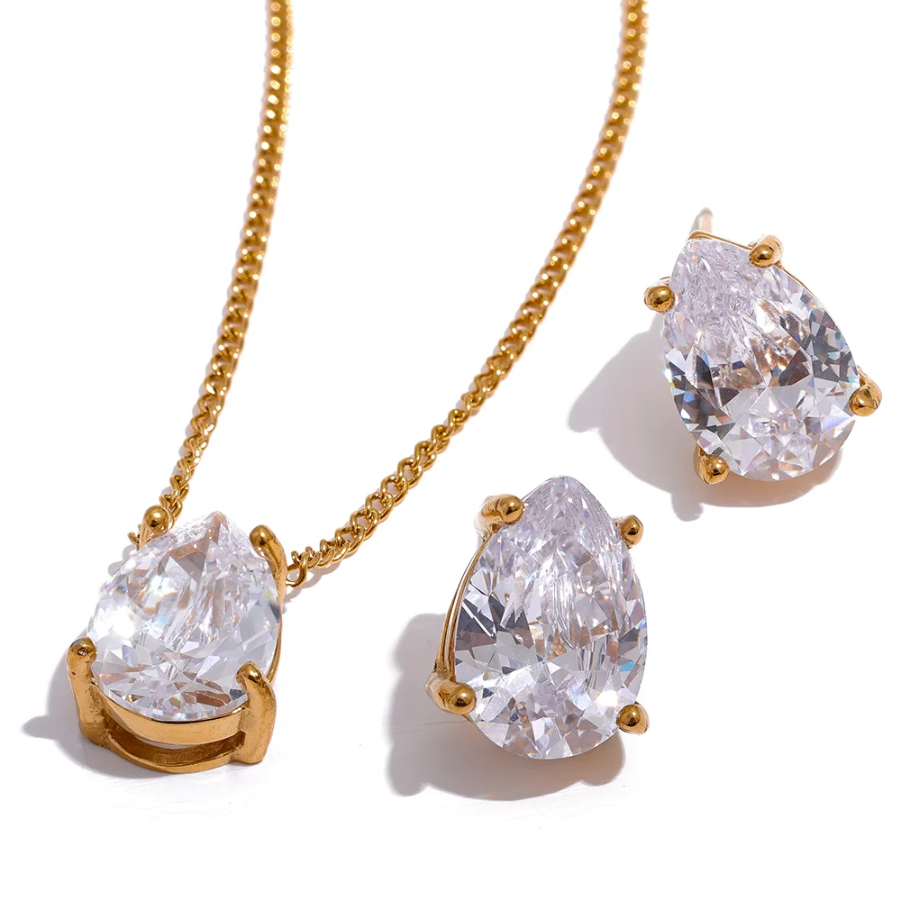 

JINYOU 1061Delicate Shiny Cubic Zirconia Stainless Steel Water Drop Pendant Necklace Stud Earrings Waterproof Jewelry Chic Party