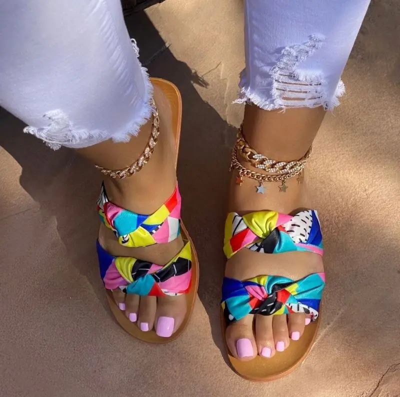

2021 summer new arrival thick bottom bowknot colorful printed slippers plus size wholesale flat beach slippers women shoes, Two colors or customized