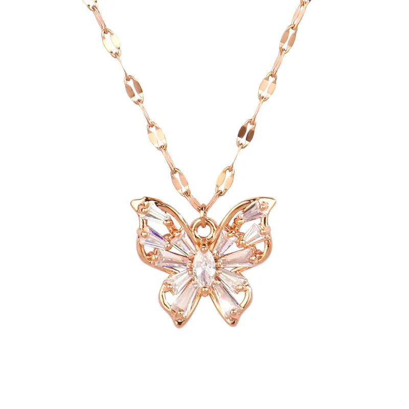 

Oval Crystal Zirconia Micro Pave Rose Gold Plated Hollow Butterfly Neckalce for Party