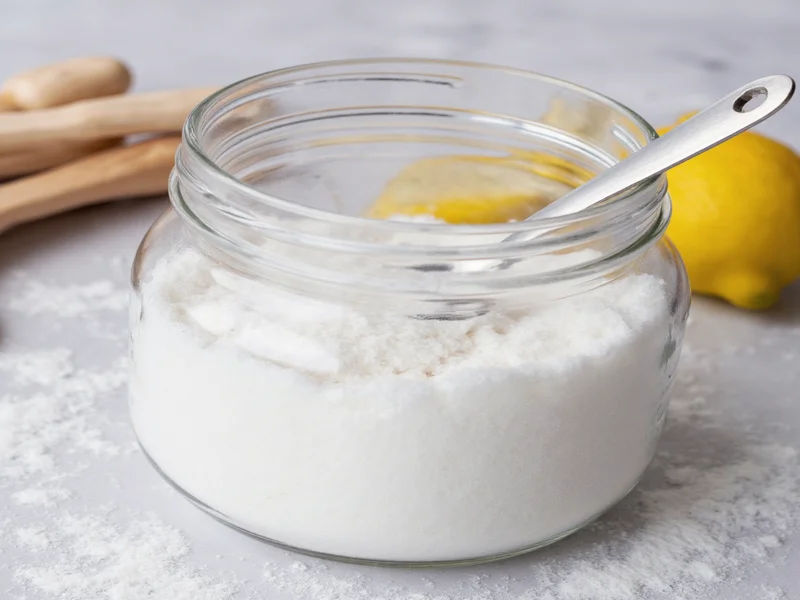 Homemade powdered sugar in glass jar with measuring spoons