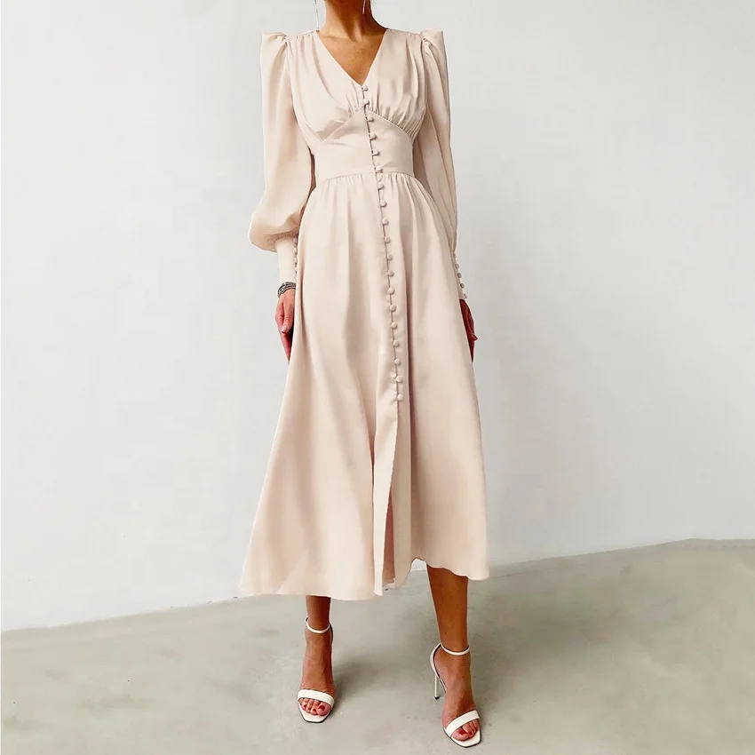 

2021 Spring Woman Elegant Satin Slim Waist Lantern Sleeves Long Ladies Fashion Dresses, Beige/winered/black/coffee