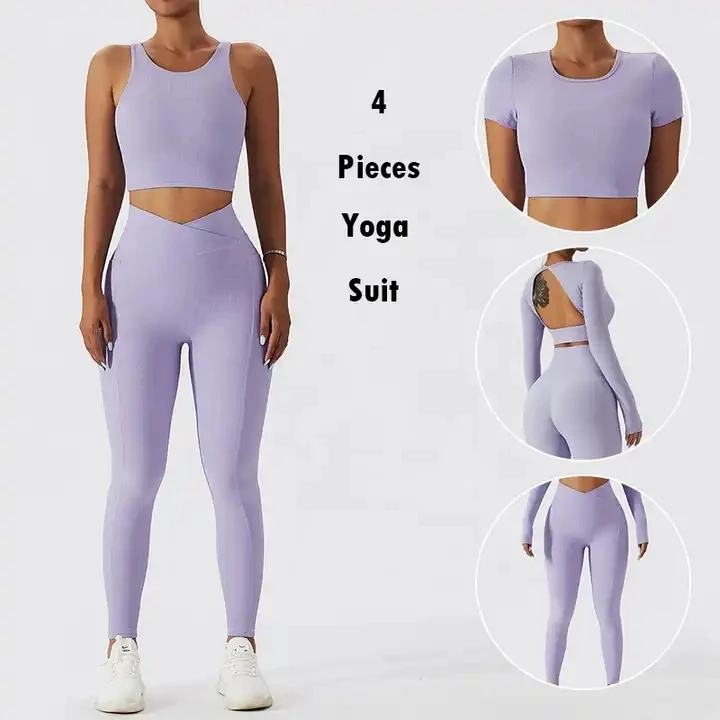 Women 2/3/4 pieces Ribbed Workout Sets Long Sleeve Hollow Out Fitness Crop Top Compression Gym Pants Activewear Yoga Set