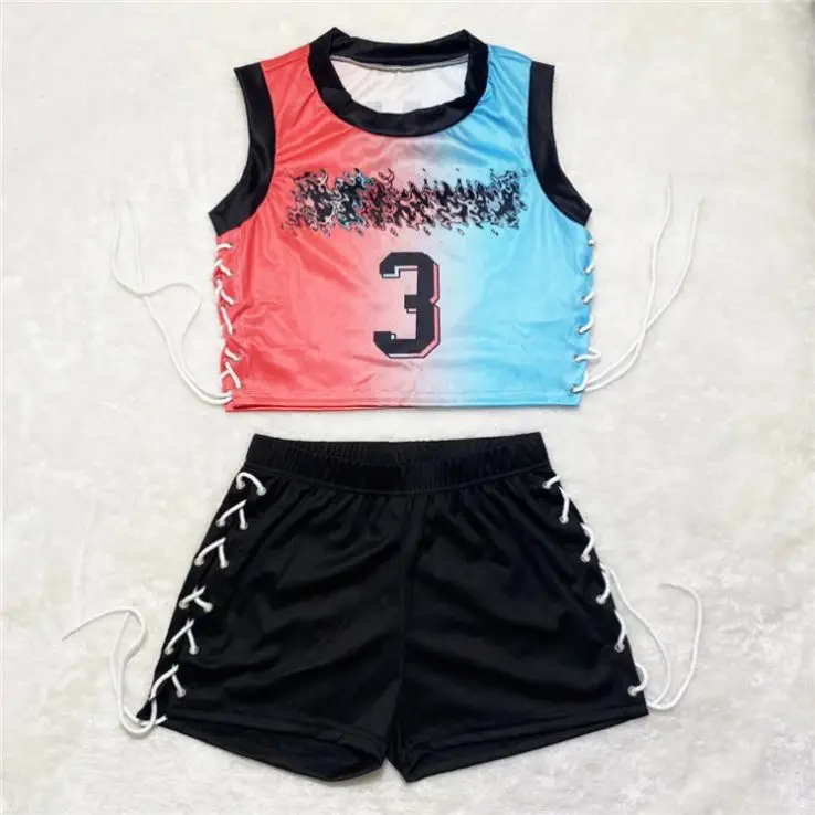 

MISS New Arrival Number Jersey Crop Top Straps Bandage Brand Summer Casual Sports Wear Women Two Piece Shorts Set
