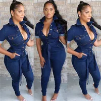 

B91751 women autumn clothing stretch rompers lady's full length denim jumpsuit washed jeans for woman 2019 whole sale