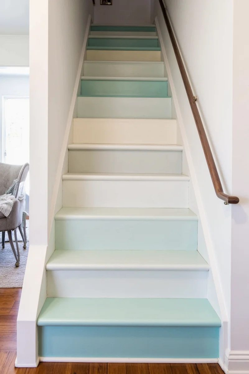 Ombre stair transition from dark to light blue