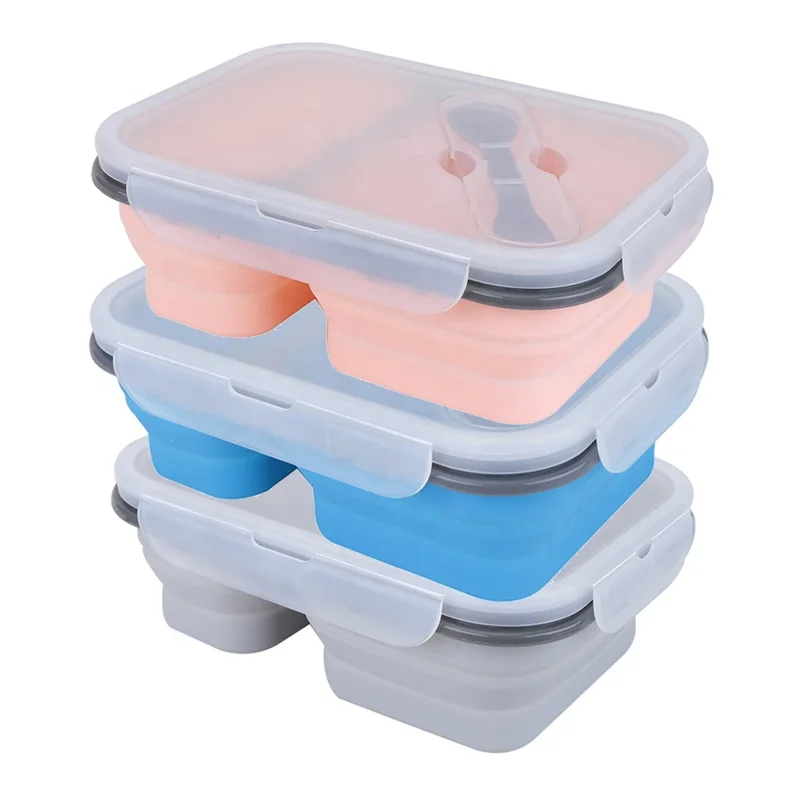 

Hot Selling BPA Free Food Grade Leak proof Food Container 2 Compartment Collapsible Folding Silicone Lunch Box, Pink, blue,grey, green