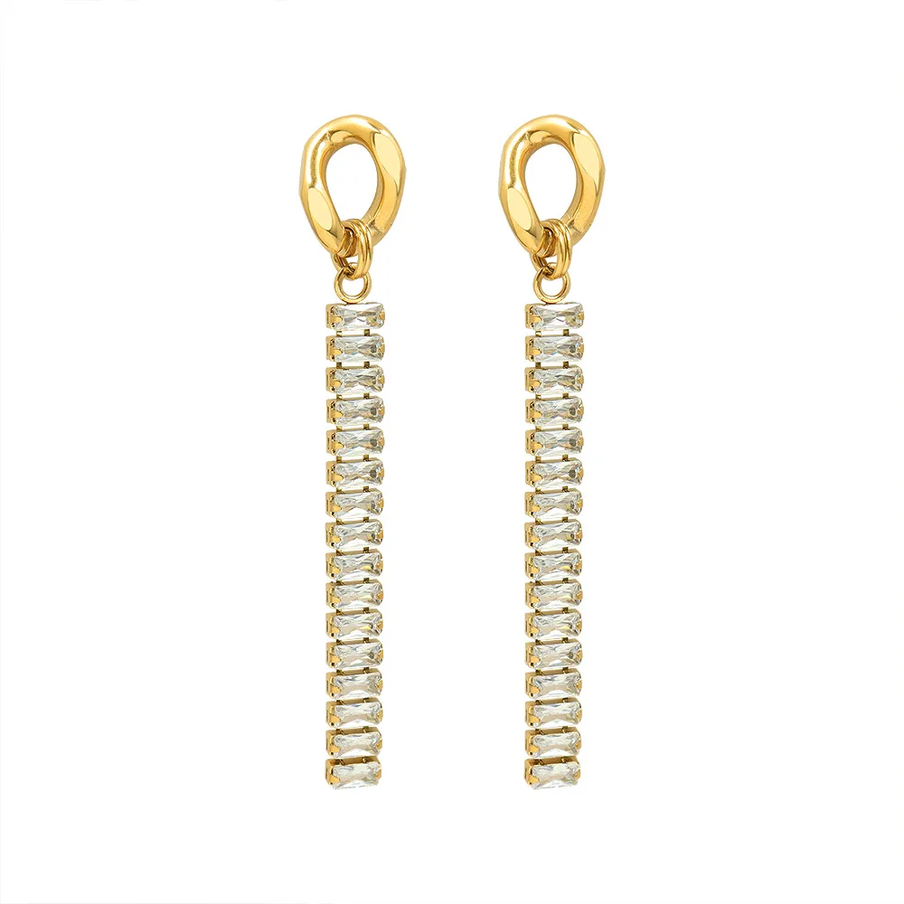 

18k gold plated stainless steel diamond zircon tennis chain tassel earring