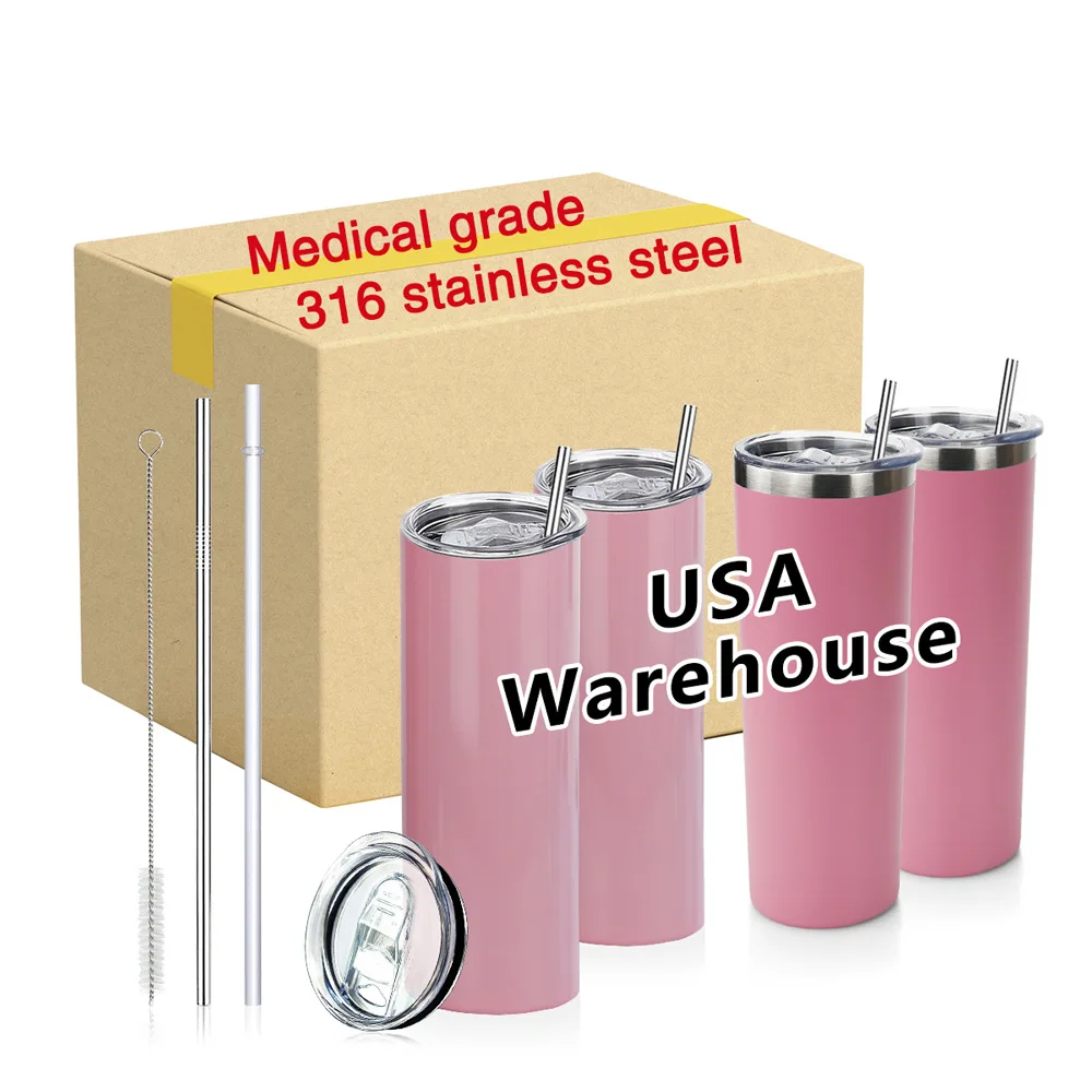 

USA Warehouse Free Shipping 316 Stainless Steel 20oz Skinny Tumblers Pink Straight Sublimation Tumbler With Brush And 2 Straws